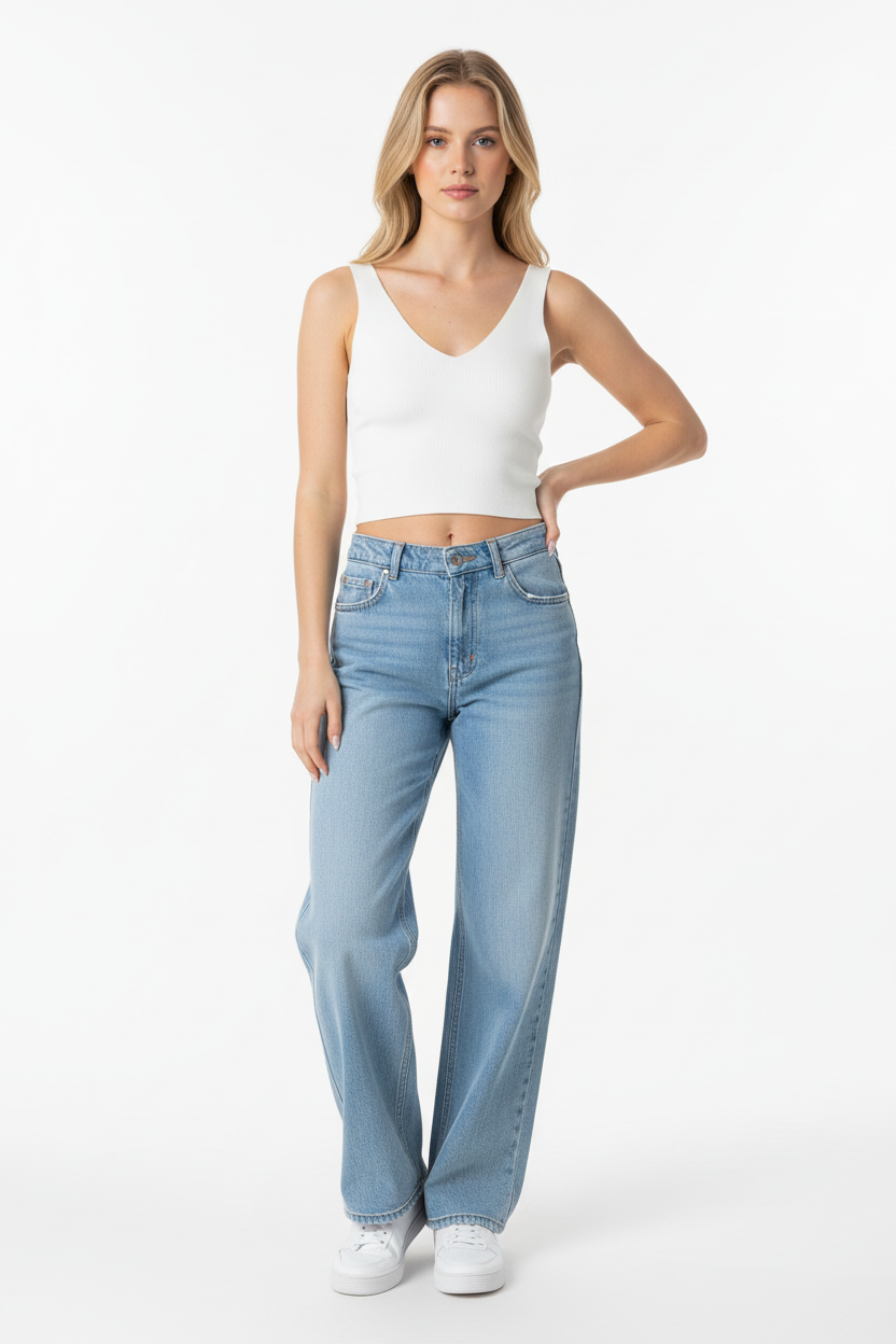 Bílé tílko V-výstřih – modelka