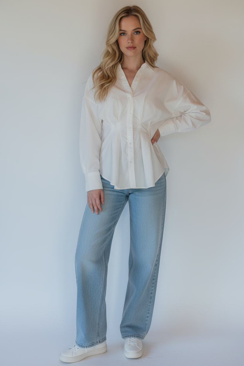 Krémová košile bez kapes – modelka